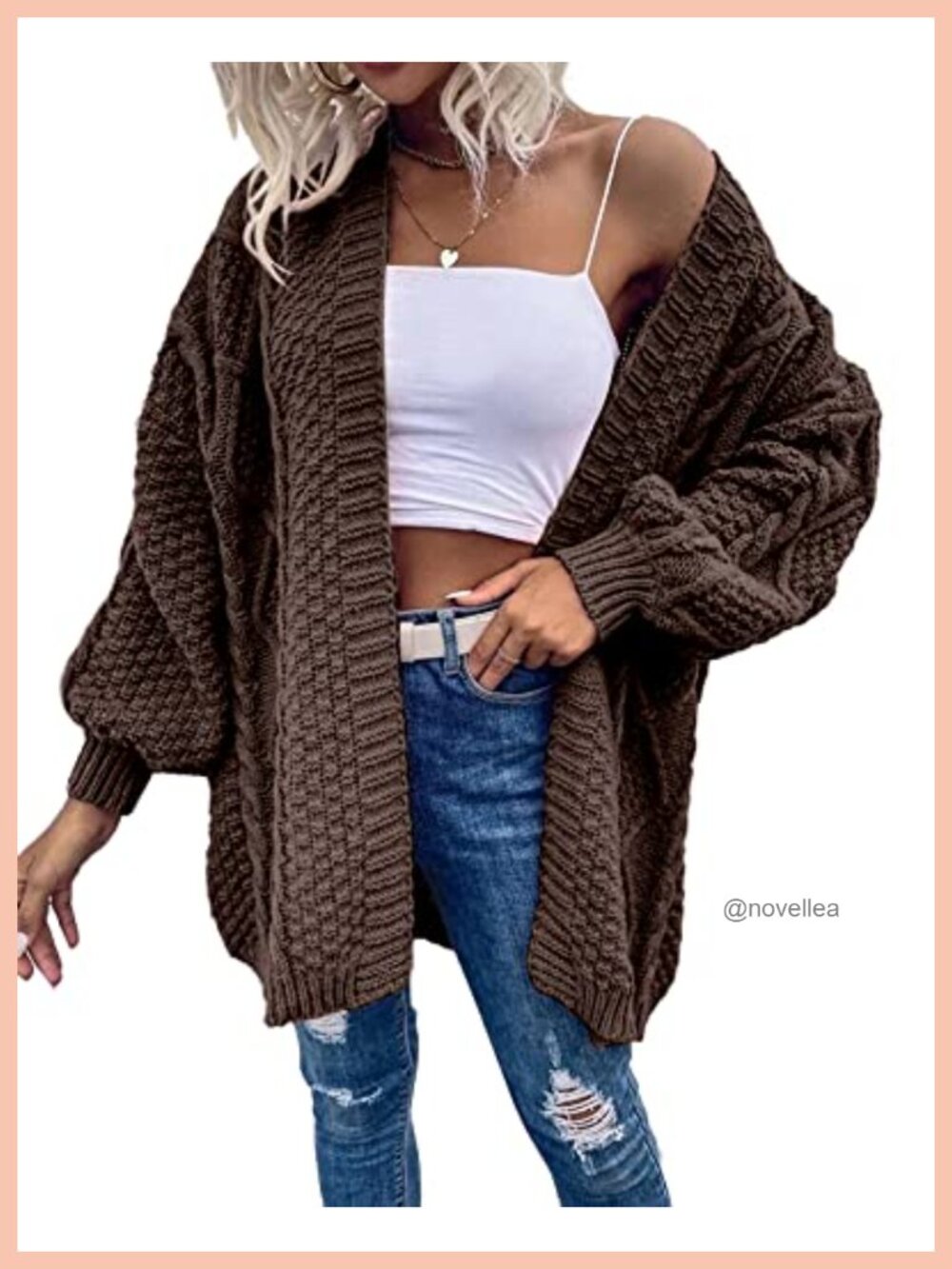 Oversized Cable Knit Lantern Sleeve Cardigan Sweater Women - Picture 3 of 5